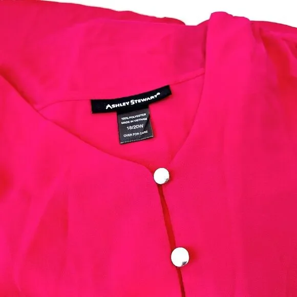 Ashley Stewart Hot Pink Flowy Button Down Bowtie Bishop Sleeves Blouse Sz 18/20W - Picture 5 of 10